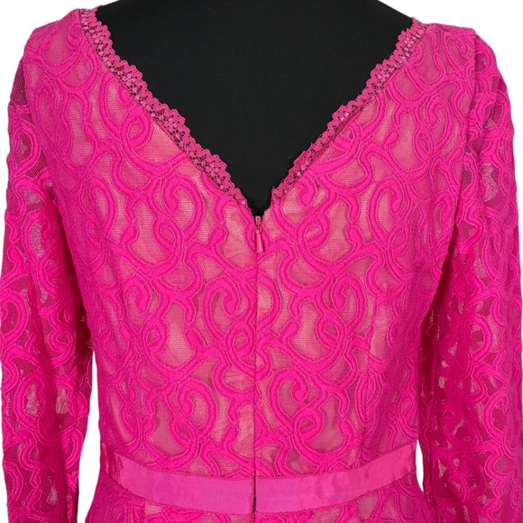 Hot Pink Lace Sheath Dress Long Sleeve V Neck Party Cocktail Sz 4 - Picture 8 of 10